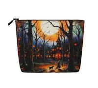 Dwvtfsm Trousse de maquillage de fête d'Halloween pour femme, organiseur de voyage en lin imperméable, léger avec fermeture éclair, trousse de toilette de voyage, sac de rangement pour pinceaux de