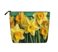 Dwvtfsm Trousse de maquillage de voyage en lin imperméable avec fermeture éclair pour femme, motif jonquilles et fleurs jaunes, sac de rangement pour pinceaux de maquillage