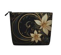 Dwvtfsm Trousse de maquillage de voyage en lin imperméable avec motif doré sur fond noir pour femmes, organiseur de cosmétiques de voyage léger à fermeture éclair, trousse de toilette de voyage