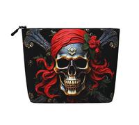 Dwvtfsm Trousse de maquillage en lin imperméable avec motif tête de mort de pirate pour femme, trousse de toilette de voyage légère à fermeture éclair, sac de rangement pour pinceaux de maquillage