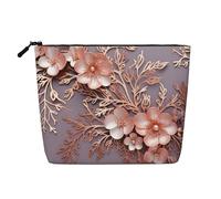 Dwvtfsm Trousse de maquillage florale élégante et décorative en lin rose doré pour femme, organiseur de voyage en lin imperméable, trousse de toilette de voyage légère à fermeture éclair, sac de