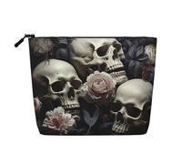 Dwvtfsm Trousse de maquillage noire et blanche avec motif fleurs et tête de mort pour femme, en lin, imperméable, organiseur de voyage léger à fermeture éclair, trousse de toilette de voyage, sac de