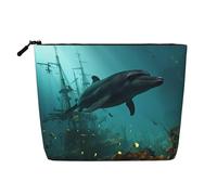 Dwvtfsm Trousse de maquillage sous-marine en forme d'épave de dauphins pour femme, étanche, organiseur de voyage en lin, léger à fermeture éclair, trousse de toilette de voyage, sac de rangement pour
