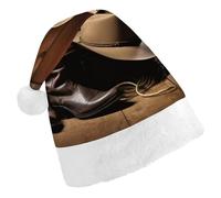 DWVTSLH Chapeau de Noël cowboy noir bottes occidentales imprimé Père Noël chapeau doux et confortable en velours épais chapeau de Noël adapté pour Noël, Nouvel An, vacances fournitures de fête