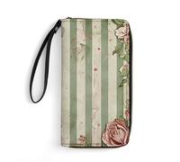DWVTSLH Portefeuille long en cuir avec imprimé roses et plantes vertes pour homme et femme, porte-cartes de crédit avec cordon, essentiel pour les voyages, le bureau et le shopping