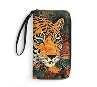 DWVTSLH Tiger Portefeuille long en cuir imprimé botanique avec fermeture éclair sur le pourtour pour homme et femme, porte-cartes de crédit avec cordon, essentiel pour les voyages, le bureau et le