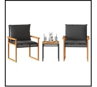 DXBK Ensemble de bistro 3 pcs et coussins noir résine tressée acacia 365860