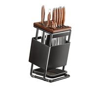 Dxcaicc Bloc De Couteaux en Bois avec Plateau D'Égouttage - Organisateur De Couteaux De Comptoir, Porte-Ustensiles pour La Cuisine, Porte-Couteau en Acier Au Carbone 8-1,Gris