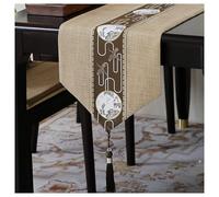 Dxcaicc Chemin De Table en Lin Décoratif avec Bande Jacquard Centrale, Pampilles Détachables, Dessous Antidérapant pour Table Basse Ou Buffet,Marron,150cm/ 59 inch