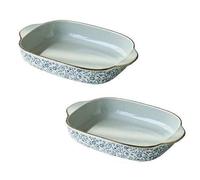 Dxcaicc Plats De Cuisson Lasagne Céramique Assiette 2PCS Style Japonais Double Poignée Artisanat sous Glaçure Haute Température Plateau Rectangulaire,Auspicious Floral,10Inches