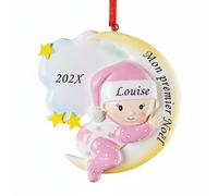 DXDOING Boule de Noël Personnalisée Mon Premier Noël 2025 - Ornement Bébé avec Prénom et Date - Souvenir en Résine Garçon Fille - Décoration de Sapin Cadeau Naissance (Lune - Fille)