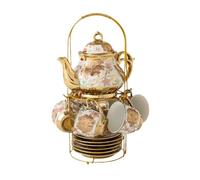 DXEHSEUY Service à thé en porcelaine avec tasse à café, soucoupe, cuillères, théière et étagère de rangement