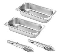 DXiongW Lot de 2 Bac Inox Alimentaire 1/3 Bac Gastro Inox GN, 32,5x17,5x6,5cm Épaisseur 0,7mm, et Pinces de Cuisine pour Aliments Gratins Pâtisserie - 2,5Litres