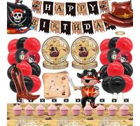 DXLing 81 Pièces Décoration Anniversaire Pirate Set avec Grand Ballon Aluminium Bateau Pirate Assiettes Serviettes Bannière Ballons Cake Toppers Squelette Kit Fête Enfant Décoration Pirate 20 Invités