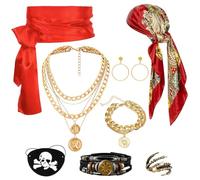 DXLing Lot de 8 Accessoires de pirate pour femme avec bandana, foulard rouge à la taille, bague, cache-œil, boucles d’oreilles, collier et bracelets de pirate pour Carnaval fêtes cosplay