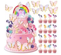 DXLing Set de 61 Décorations de Gâteau Licorne avec Figurine Licorne, Arc-en-ciel, Ballons, 6 Mini Poneys, Papillons - DIY Décorations Gâteau Licorne pour Anniversaire Fille, Gâteau Thème Licorne