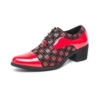 DXSYGMBN Chaussures de Ville Homme avec Talon de 6cm, Derby en Cuir Verni à Lacets, Escarpins Homme à Motif Carré pour Mariage Soirée Gala,Rouge,38 EU