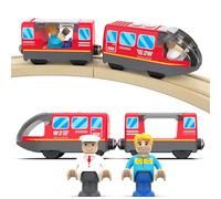 DxxD Train à Piles pour Chemin de Fer en Bois, Train Electrique Enfant 3 4 5 6 7 8 Ans, Locomotive Train en Bois (Connexion Magnétique), Jouet pour Voie Ferrée Compatible avec Thomas, Brio, Rouge