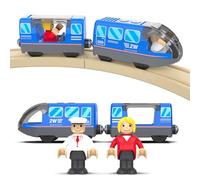 DxxD Train à Piles pour Chemin de Fer en Bois, Train Electrique Enfant 3 4 5 6 7 8 Ans, Locomotive Train en Bois (Connexion Magnétique), Jouet pour Voie Ferrée Compatible avec Thomas, Brio, Bleu