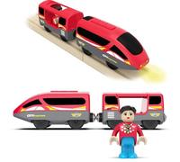 DxxD Train de train électrique en bois, à piles, avec phares avant et son, kit de train compatible avec Thomas, Brio, pour enfants à partir de 3 ans, rouge