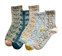 DXYAKY Lot de 5 paires de chaussettes en coton à motif floral vintage pour femme, 5 paires - Bleu, taille unique