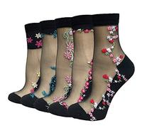 DXYAKY Lot de 5 paires de chaussettes transparentes en maille filet ultra fines pour femme avec dentelle florale, Noir - Fleur, taille unique