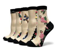 DXYAKY Lot de 5 paires de chaussettes transparentes en maille transparente pour femme - En dentelle fine et respirante - Motif floral, blanc fleur, taille unique