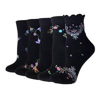 DXYAKY Lot de 5 paires de chaussettes vintage en coton pour femme Motif floral brodé, taille unique