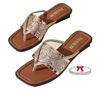 DXZXDJIU Sandales plates à paillettes scintillantes for femmes - Élégantes tongs à bout carré et strass, pantoufles d'été à paillettes, chaussures de plage(Gold,42)