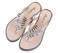 DXZXDJIU Sandales plates confortables for femmes avec fleur en strass scintillants - Tongs à bout ouvert et dos nu, antidérapantes(Gold,40)