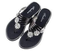 DXZXDJIU Sandales plates confortables for femmes avec fleur en strass scintillants - Tongs à bout ouvert et dos nu, antidérapantes(Black,40)