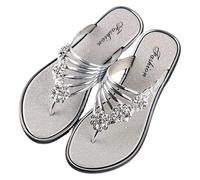 DXZXDJIU Sandales plates confortables for femmes avec fleur en strass scintillants - Tongs à bout ouvert et dos nu, antidérapantes(Silver,36)