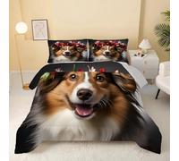 dyausi Berger des Shetland Couette 180x220 Chiot Colley - Couette 4 Saisons Imprimée Chien Floral Reversible - Édredon 1 Personne Lavable en Machine et Taie d'oreiller - RY-92