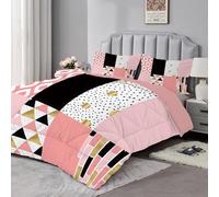 dyausi Couette 220x240 - Couette Imprimée Géométrique - Couette 4 Saisons Motif Moderne Patchwork - Couette Réversible 2 Personnes Édredon Lavable et Taies d'oreiller 65x65 - Rose Noir B23