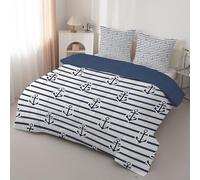 dyausi Couette 220x240 - Couette Imprimée Rayures - Couette 4 Saisons Motif Nautique Ancre - Couette Réversible 2 Personnes Édredon Lavable et Taies d'oreiller 65x65 - Bleu Marine Blanc D192