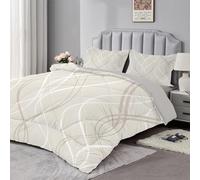 dyausi Couette 260x240 cm - Couette imprimée Géométrique Rayures 3 Pièces - Édredon et 2 Taies d'oreiller pour lit 2 Personnes - Couette Toutes Saisons Lavable en Machine - Beige