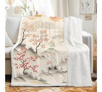 dyausi Couverture Sherpa à Motif Japonais 160x200 cm - Plaid Polaire Double Epaisseur Douillette et Chaud - Mont Fuji Fleurs de Cerisier Décoratif Plaid Canape pour Lit 1 Personne ou Canapé, G-1079