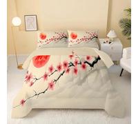 dyausi Fleur De Cerisier Couette 220x240 Branche Soleil Rouge - Couette 4 Saisons Imprimée Floral Oriental Motif - Édredon Réversible 2 Personnes Édredon Lavable et Taies d'oreiller 65x65 - RY-519