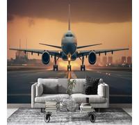 dyausi Papier Peint Course vers un avion 390x260 cm Décoration Murale Poster Tableaux Muraux Tapisserie Photo Trompe l'oeil adhésif - Motif coucher de soleil Orange L4