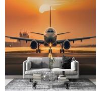 dyausi Papier Peint Panoramique Avion - Papier Peint Intissé Autocollant, Grand Poster Mural Décoration pour Salon, Chambre Adhésif Mural, 400x280cm - Coucher de soleil Orange L1