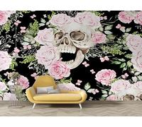 dyausi Papier Peint Roses roses, Papier Peint Panoramique Crâne gris Autocollant, Grand Poster Mural Décoration pour Salon, Chambre, 350x256cm - RéTro-Gothique H3