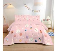 dyausi Pâques Couette 140x200 Lapin Souriant Petites Fleurs - Couette 4 Saisons Imprimée Œufs Confettis Cœurs Reversible - Couette 1 Personne Lavable en Machine et Taie d'oreiller - RY-28