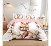 dyausi Pâques Couette 260x240 Imprimée Lapin Marron Feuilles D’Automne - Couette 2 Personnes avec Motif Couronne Florale Œufs De Pâques - Réversible Édredon Lavable et Taies d'oreiller 65x65 - RY-15