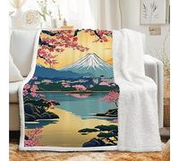 dyausi Plaid Sherpa à Motif Style Japonais - Couverture Polaire Fleur De Cerisier Mont Fuji 120x200 cm - Jeté de Canapé Epaisse et Moelleux - Plaid Hiver pour Lit 1 Personne ou Canapé, G-203