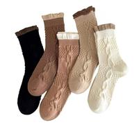 Dybag Lot de 5 paires de chaussettes rayées à volants en dentelle respirante, simples et décontractées, chaussettes mi-tube pour femme, marron, marron, taille unique