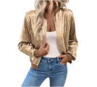 Dyhxuan Blouson court pour femme - Veste bomber à manches longues - Veste demi-saison - Fermeture éclair - Veste d'aviateur légère - Veste d'automne tendance - Col montant - Vêtement d'extérieur, or