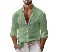 Dyhxuan Chemise à manches longues pour homme, col montant, boutonnée, manches longues, coupe ample, chemise de loisirs, couleur unie, haut avec rayures décontractées pour homme, vert, M