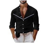 Dyhxuan Chemise à manches longues pour homme, col montant, boutonnée, manches longues, coupe ample, chemise de loisirs, couleur unie, haut avec rayures décontractées pour homme, Noir , L