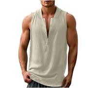 Dyhxuan Chemise d'été en lin pour homme - Sans manches - Couleur unie - Col en V - Vintage - Revers - Débardeur - Finesse - Gym - T-shirt fonctionnel léger - Haut d'été ample en lin, beige, M