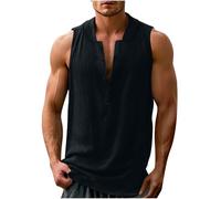Dyhxuan Chemise d'été en lin pour homme - Sans manches - Couleur unie - Col en V - Vintage - Revers - Débardeur - Finesse - Gym - T-shirt fonctionnel léger - Haut d'été ample en lin, Noir , XL